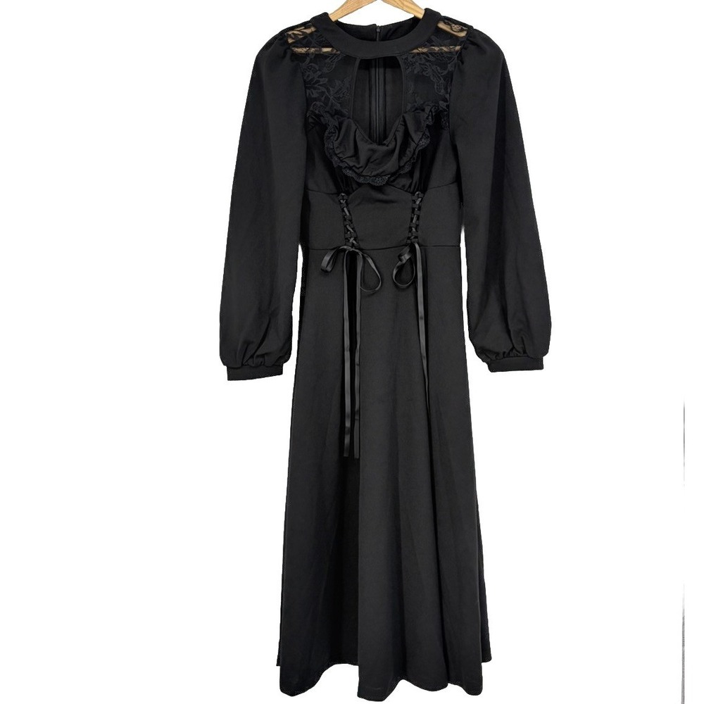 Black Corset Dress M Witchy Goth Lace Trim Whimsigoth Fairy Grunge Punk Prairie